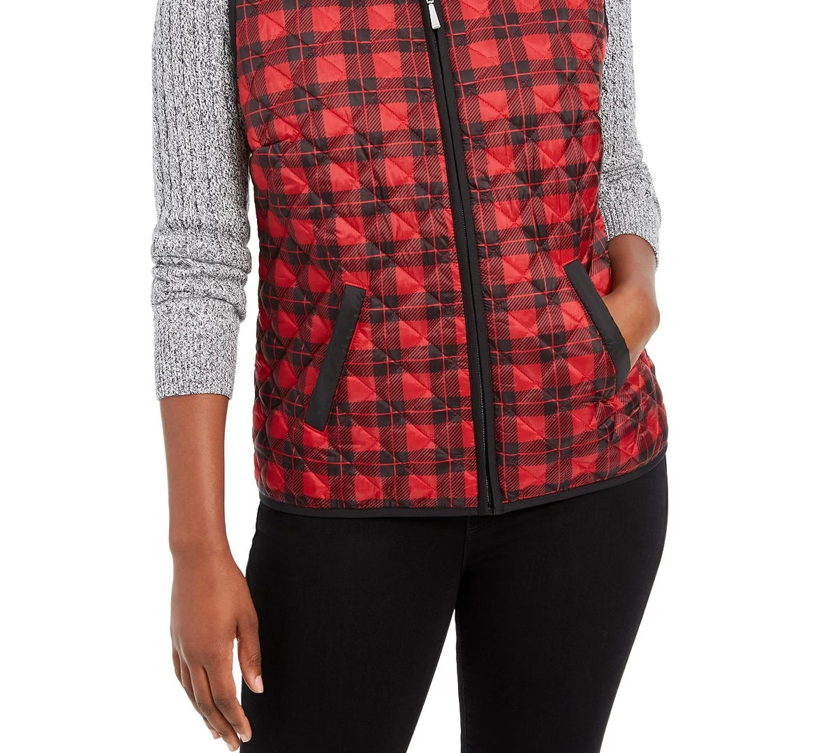 Karen Scott Women's Sport Plaid Puffer Vest  Bright Red Size X-Small