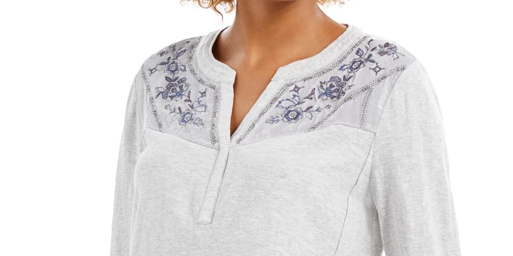 Style & Co Women's Velvet Yoke Embroidered Top -Grey Size Petite Medium