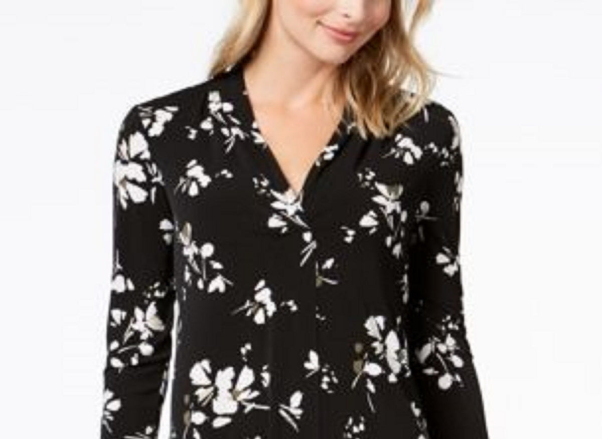 Charter Club Women's Printed V-Neck Top Black Size Medium