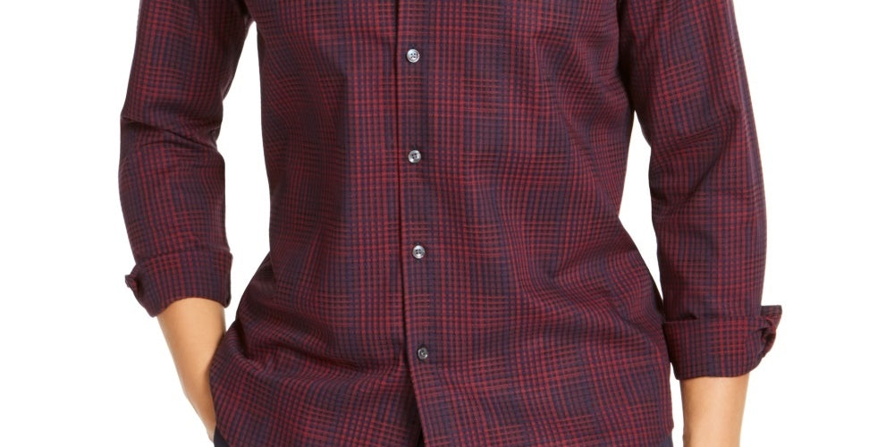 Tasso Elba Men's Stretch Dobby Woven Shirt Navy Size Medium