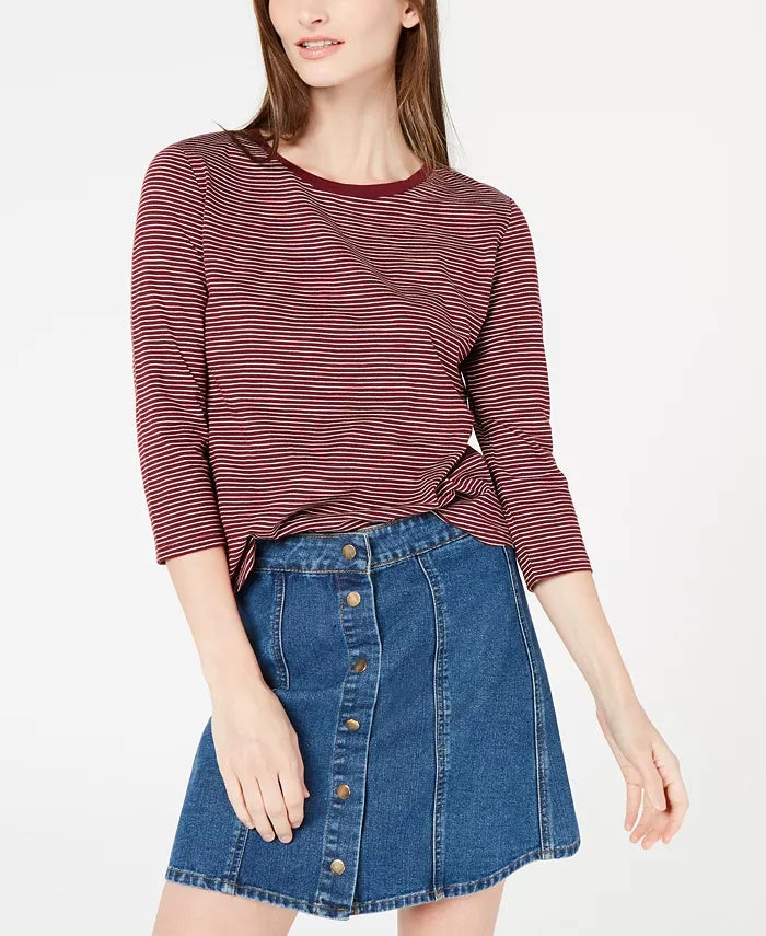 Maison Jules Women's Striped 3/4-Sleeve Shirt Wine Size Medium