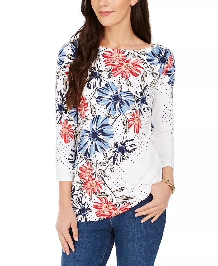 Charter Club Women's Polka Dot Floral Print Top White Size XX-Large