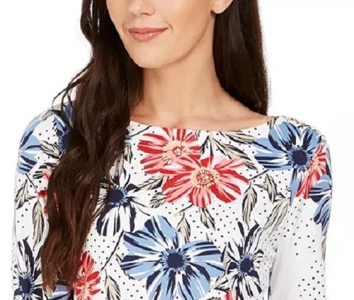 Charter Club Women's Polka Dot Floral Print Top White Size XX-Large