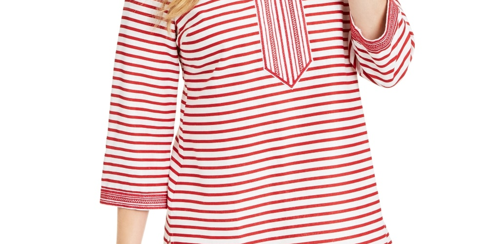 Charter Club Women's Striped Linen Blend Tunic Red Size Small