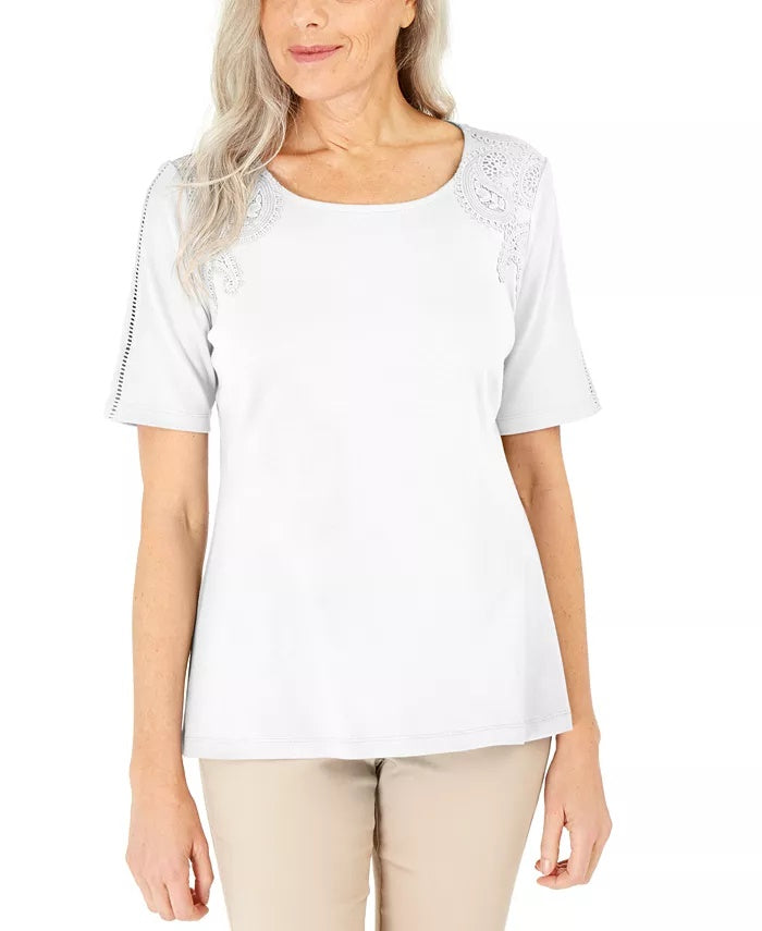 Karen Scott Women's Cotton Crochet Front Top White Size X-Small