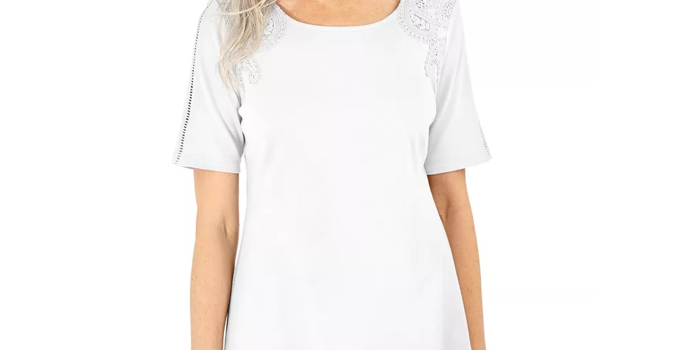 Karen Scott Women's Cotton Crochet Front Top White Size X-Small