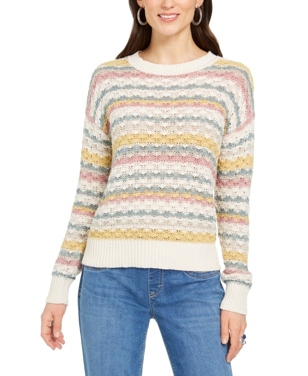 Style & Co Women's Striped Bubble Stitch Sweater  Beige Size Petite Petite
