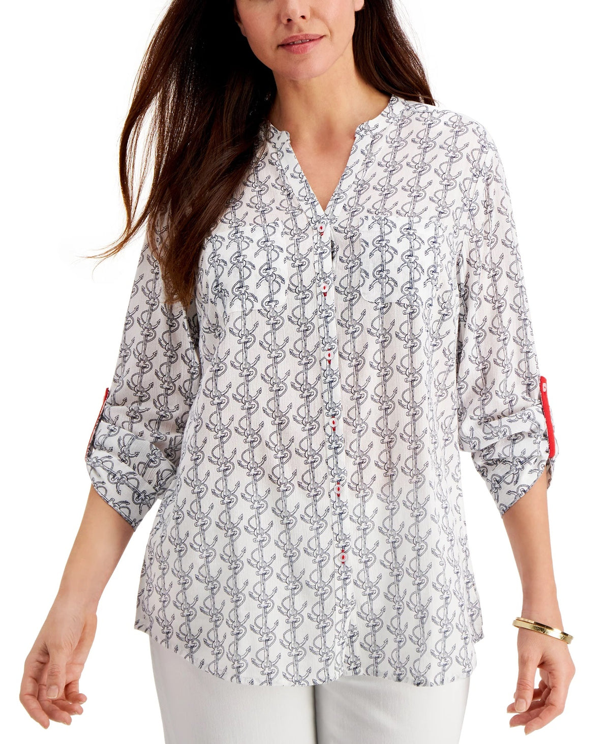Charter Club Women's Anchor Print Shirt White Size Medium