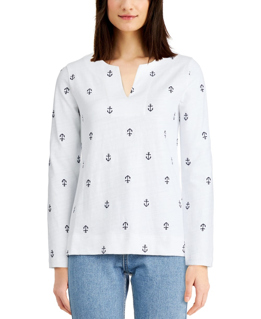 Charter Club Women's Cotton Embroidered Anchor Top  White Size X-Large