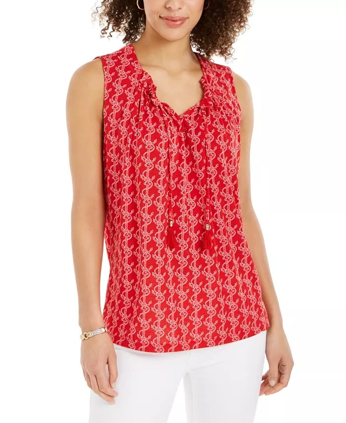 Charter Club Women's Printed Drawstring-Neck Top Red Size Large