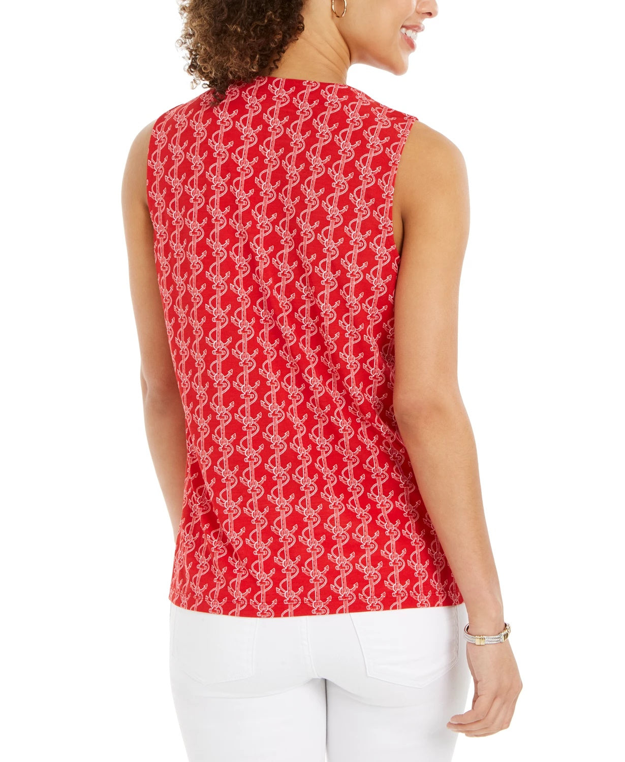 Charter Club Women's Printed Drawstring-Neck Top Red Size Large