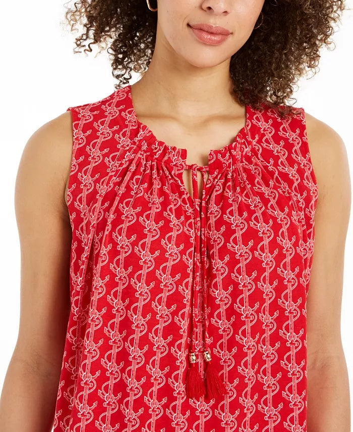 Charter Club Women's Printed Drawstring-Neck Top Red Size Large