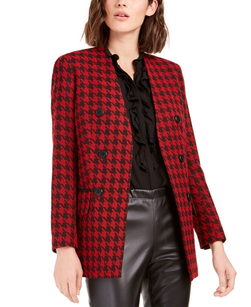 Bar III Women's Houndstooth Collarless Double-Breasted Jacket Red Size 6
