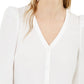Bar III Women's Solid 3/4 Sleeve V Neck Button Up Top White Size Medium