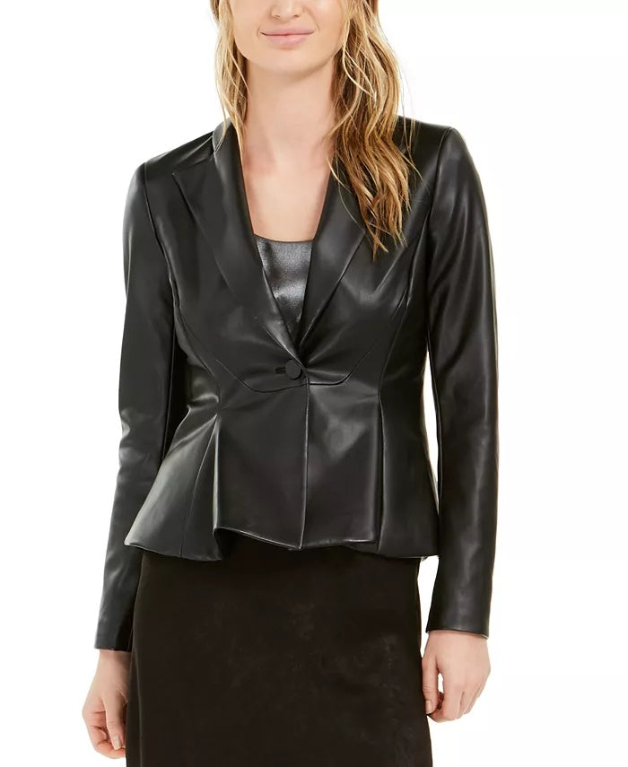 Bar III Women's Faux-Leather Peplum Jacket Black Size 10