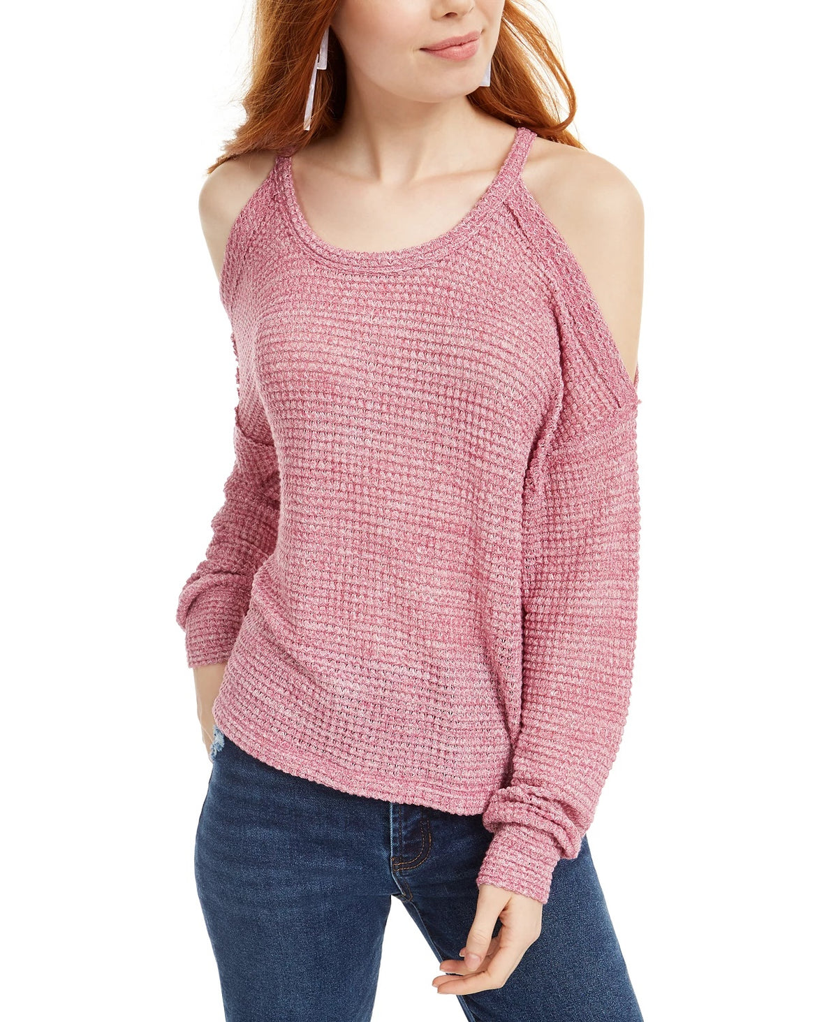 Freshman Juniors' Waffle-Knit Cold-Shoulder Top Red Size Large
