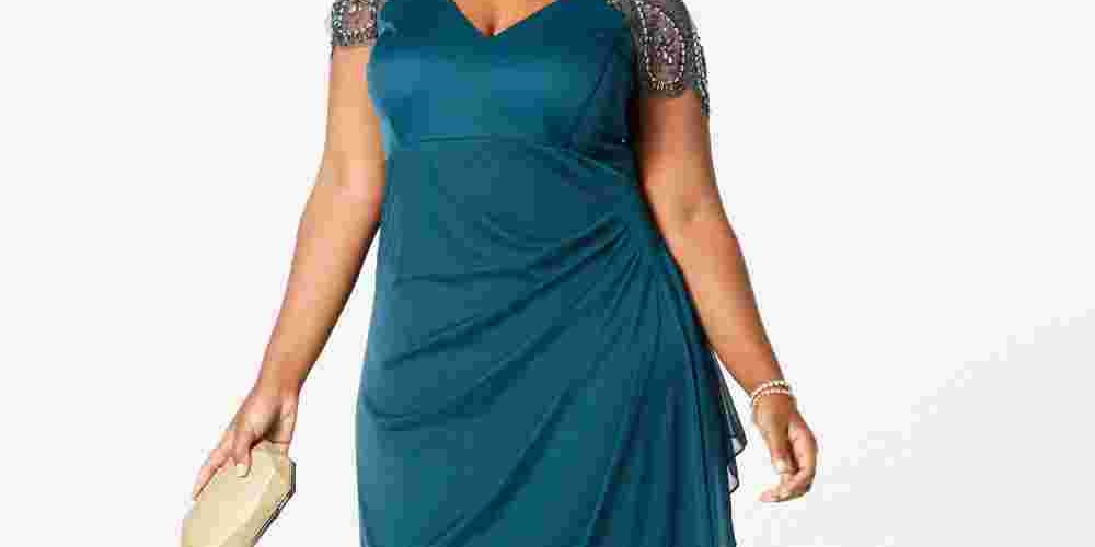 Xscape Women's Embellished Mesh Sheath Evening Gown Green Size 14W