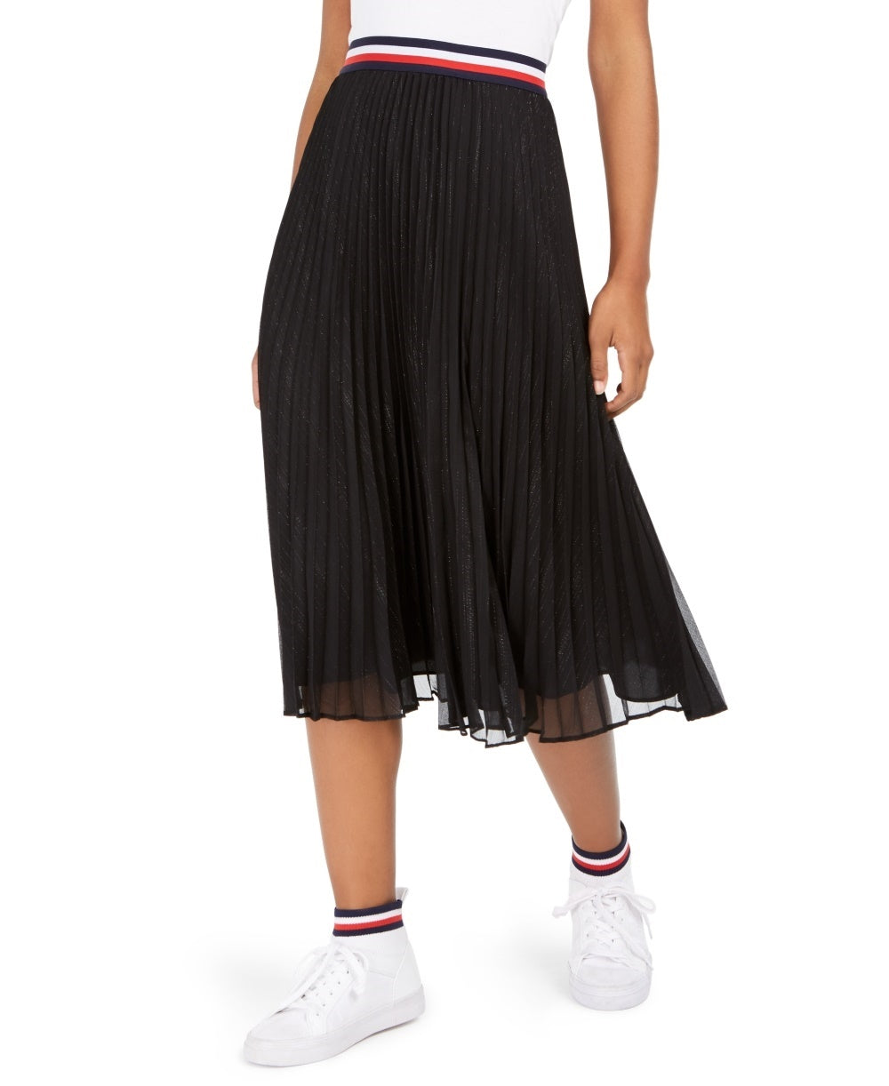 Tommy Hilfiger Women's Metallic Pleated Midi Skirt Black Size Small
