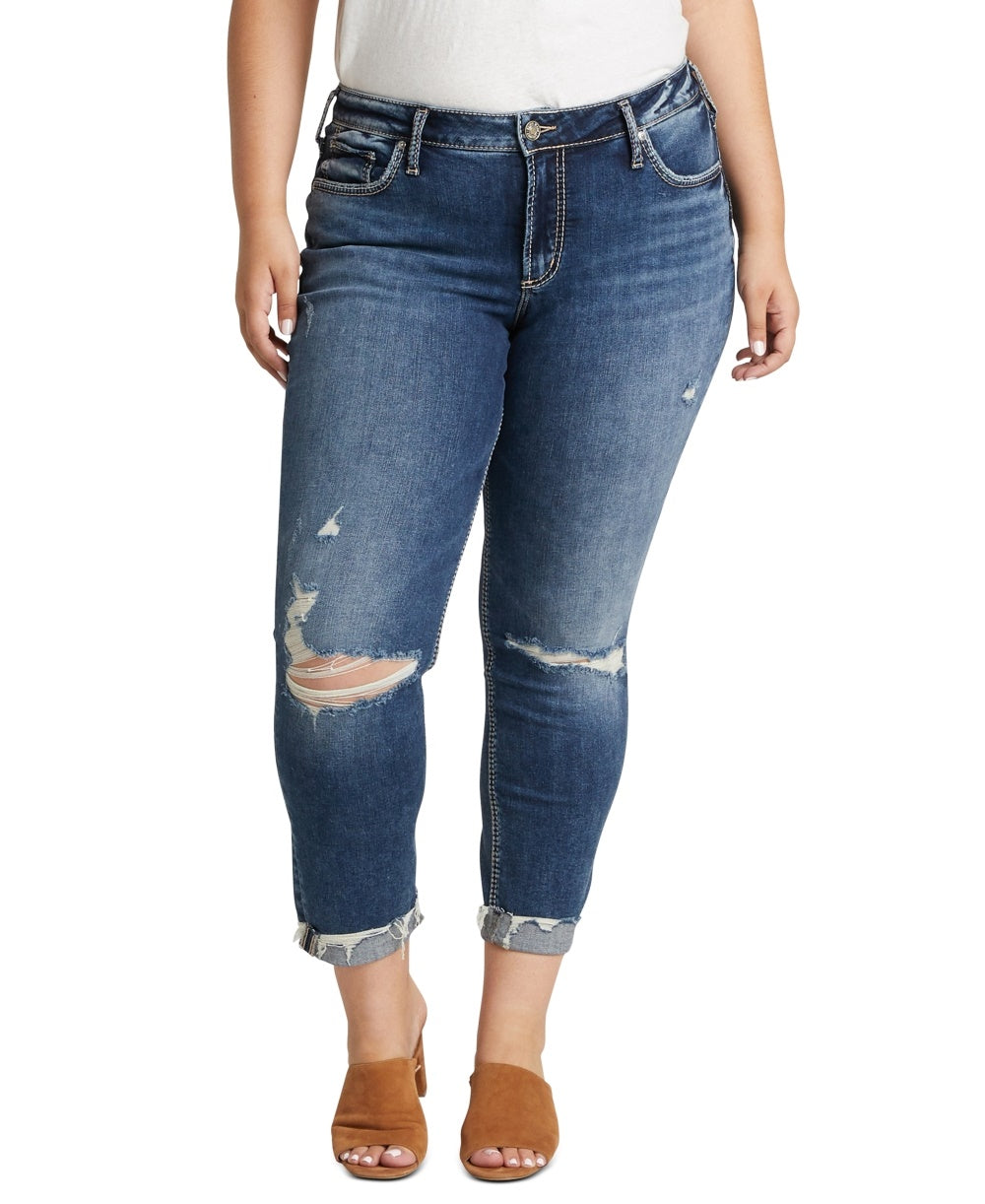 Silver Jeans Co Co Women's Trendy Ripped Boyfriend Jeans Blue Size 24W