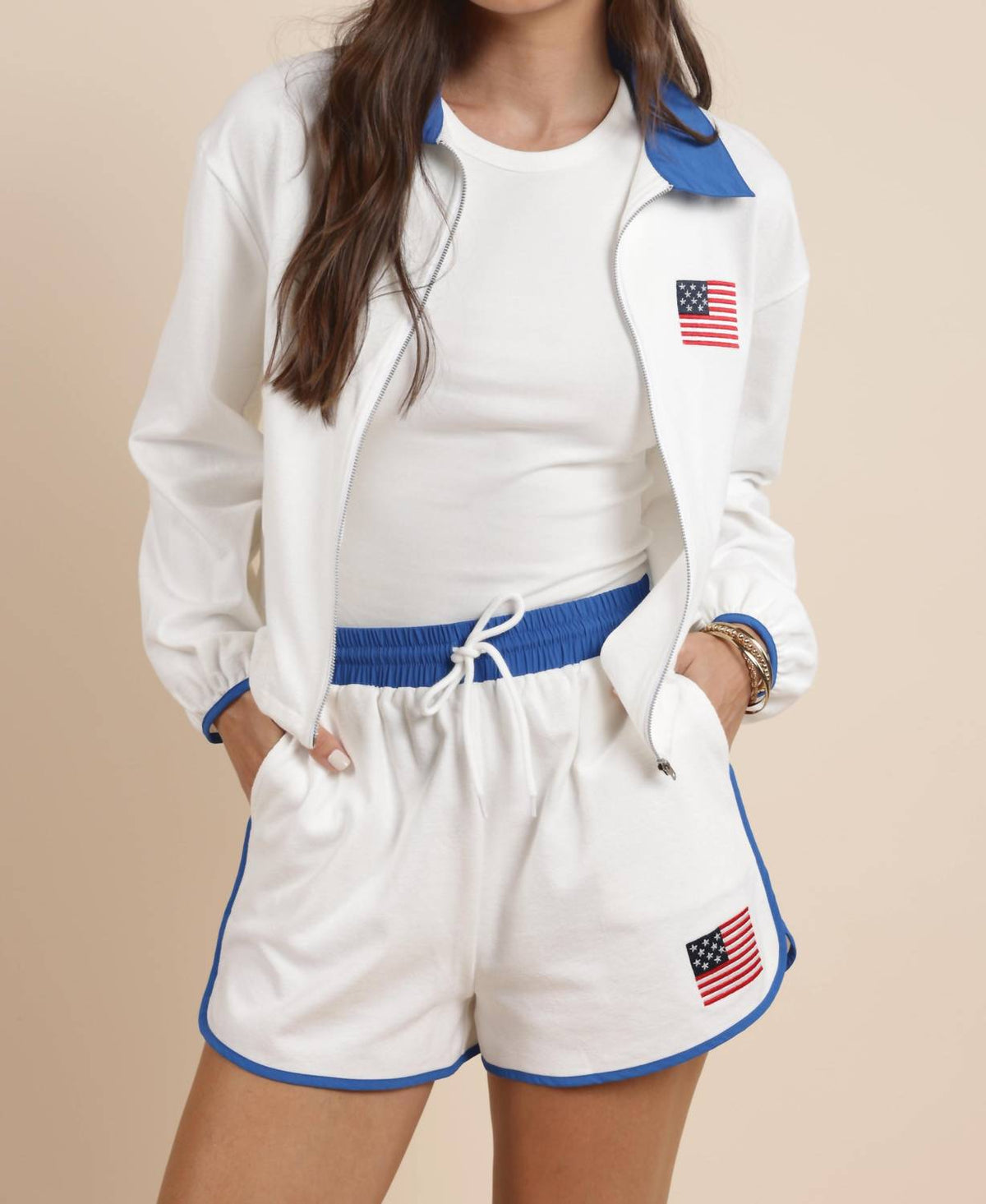 Sadie & Sage - Flag Embroidery Zip Up Collar Jacket
