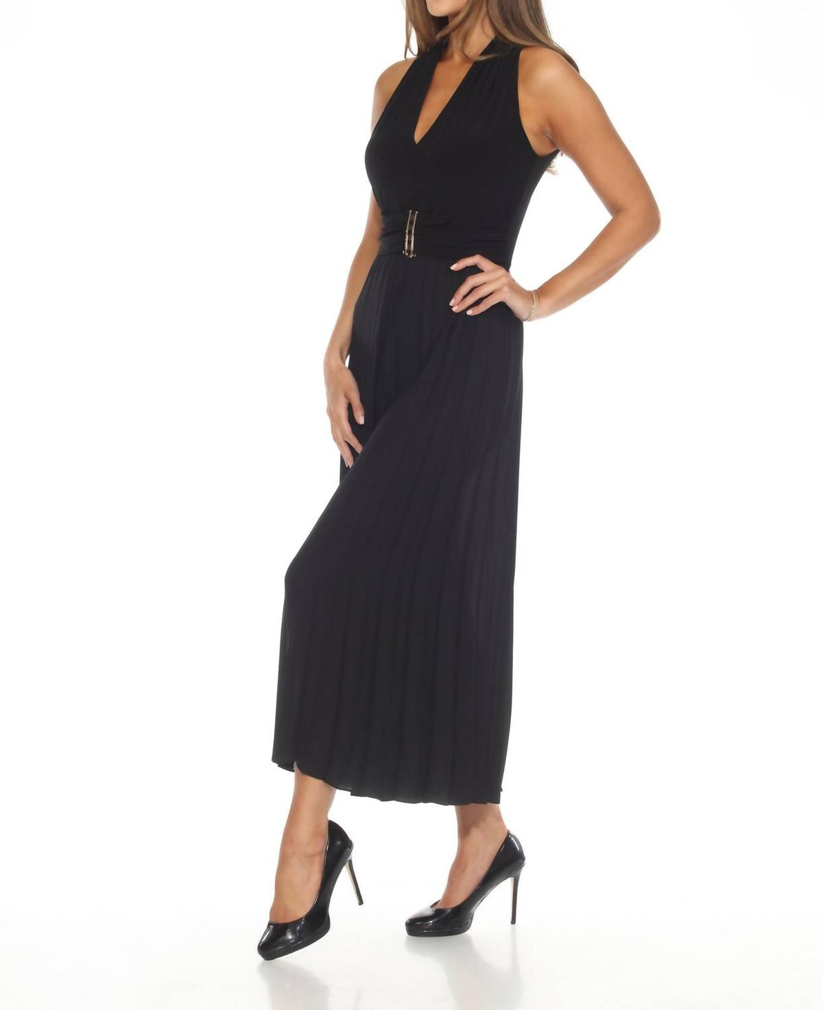 Joseph Ribkoff - V-neck Sleeveless Pleated Wide-leg Jumpsuit