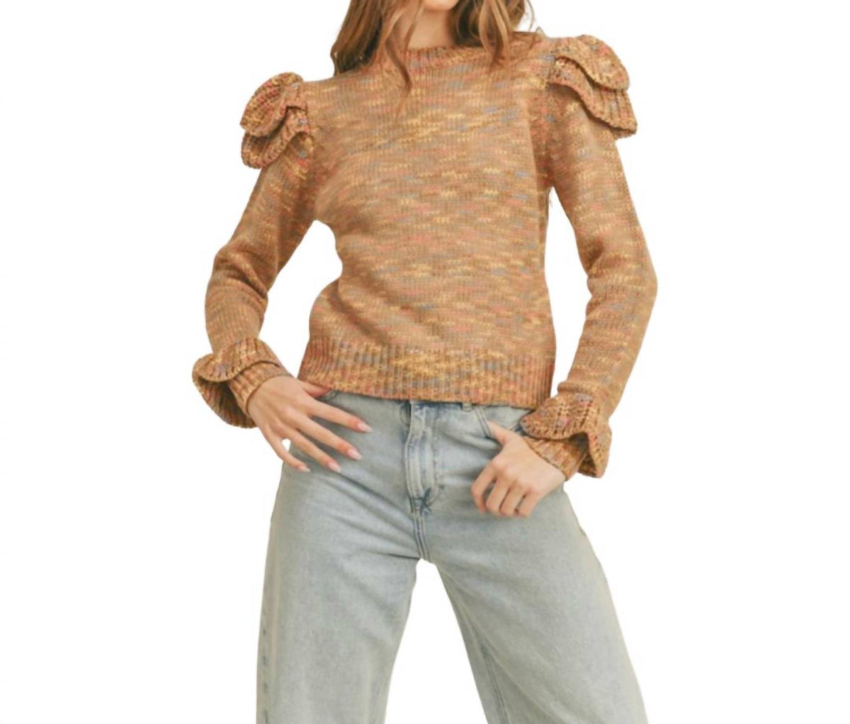 &Merci - Ruffled Shoulder Mix Knit Sweater