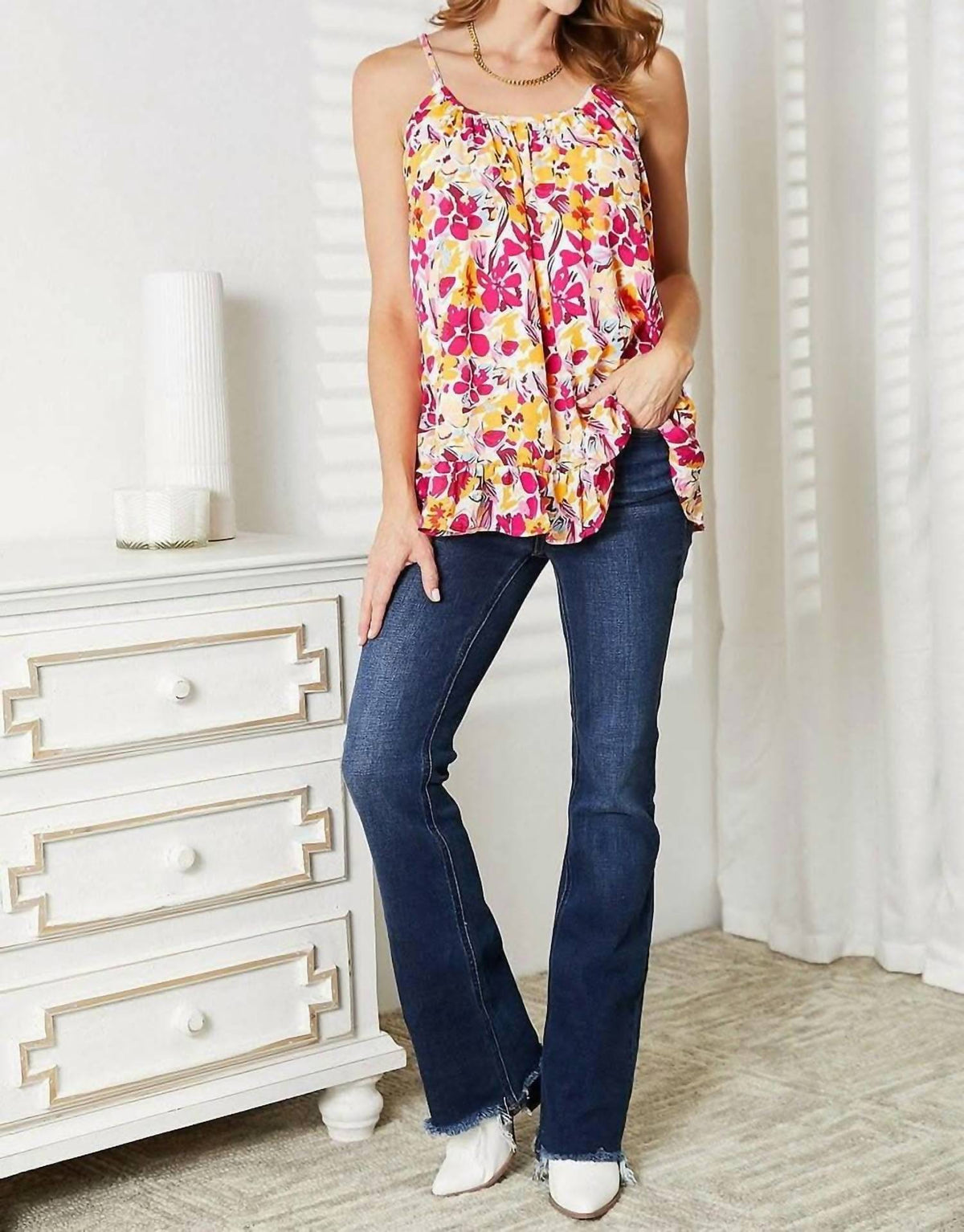 Double Take - Floral Ruffle Hem Top