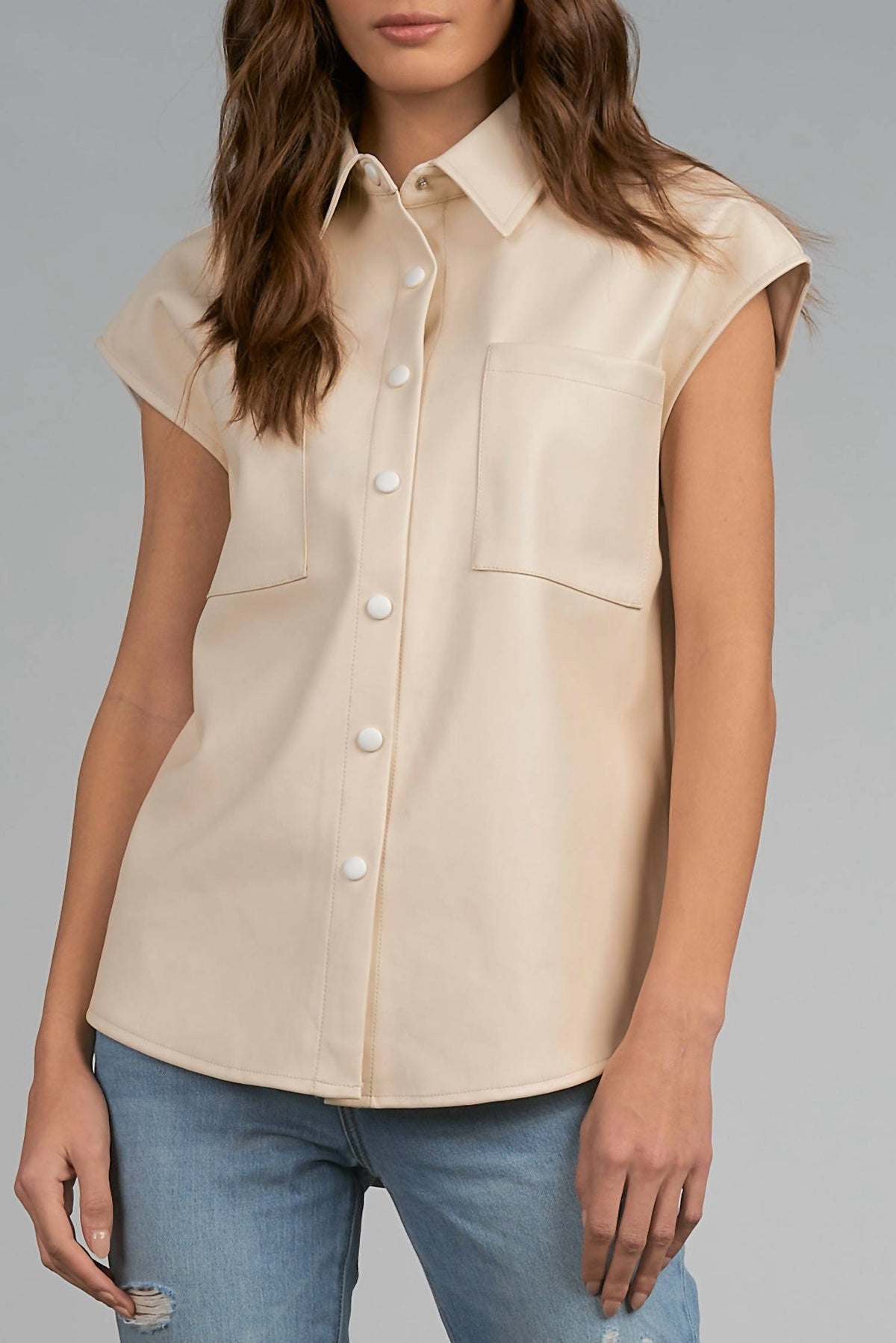 Elan - Cap Sleeve Faux Leather Top