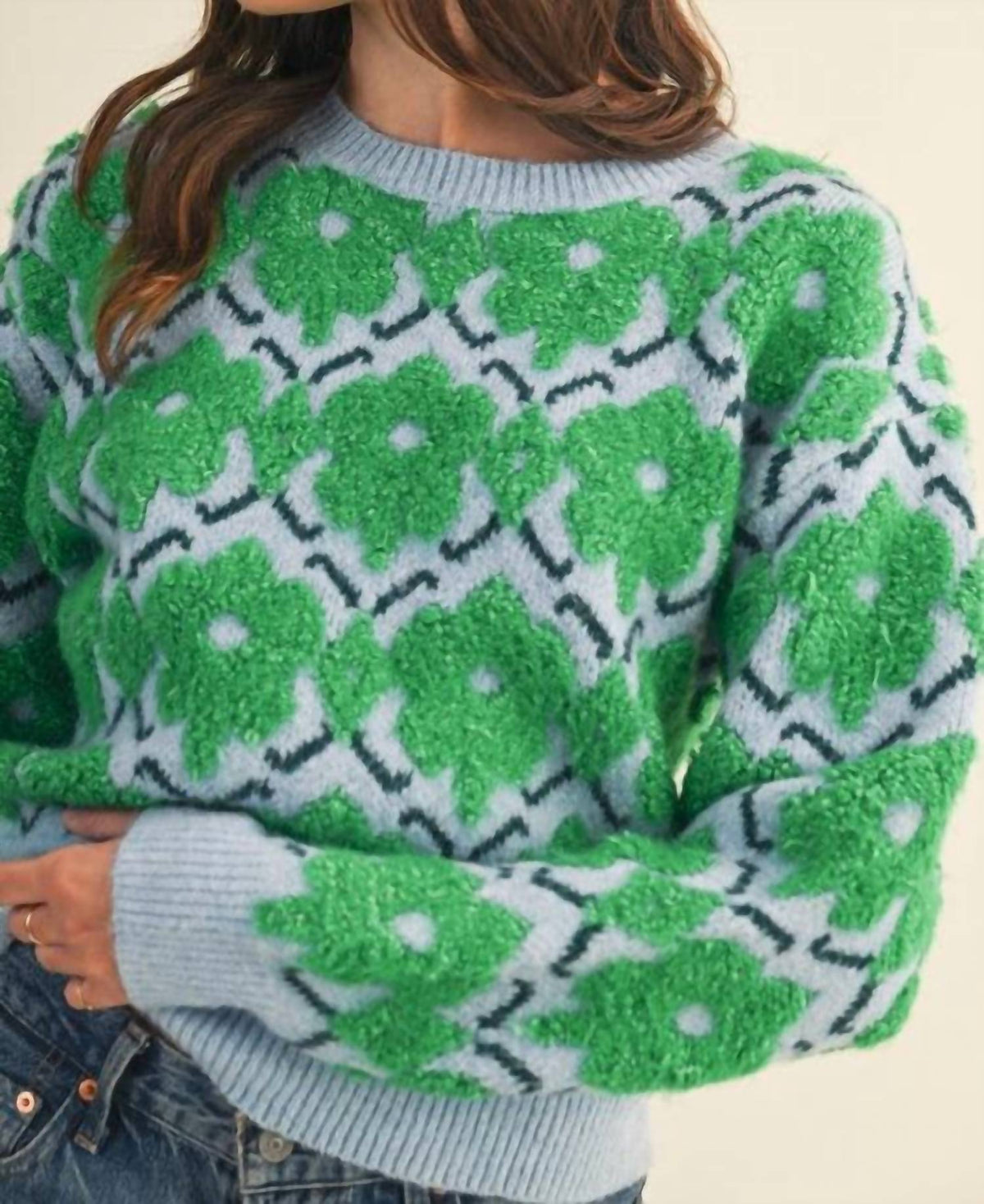 &Merci - Fuzzy Flower Crew Sweater
