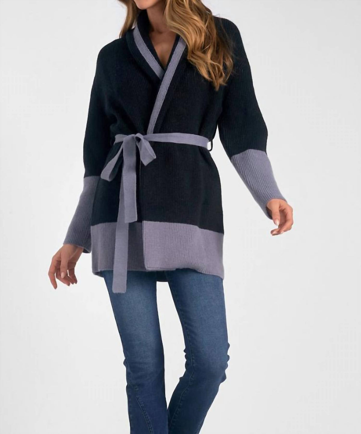 Elan - Belted Color Block Cardigan