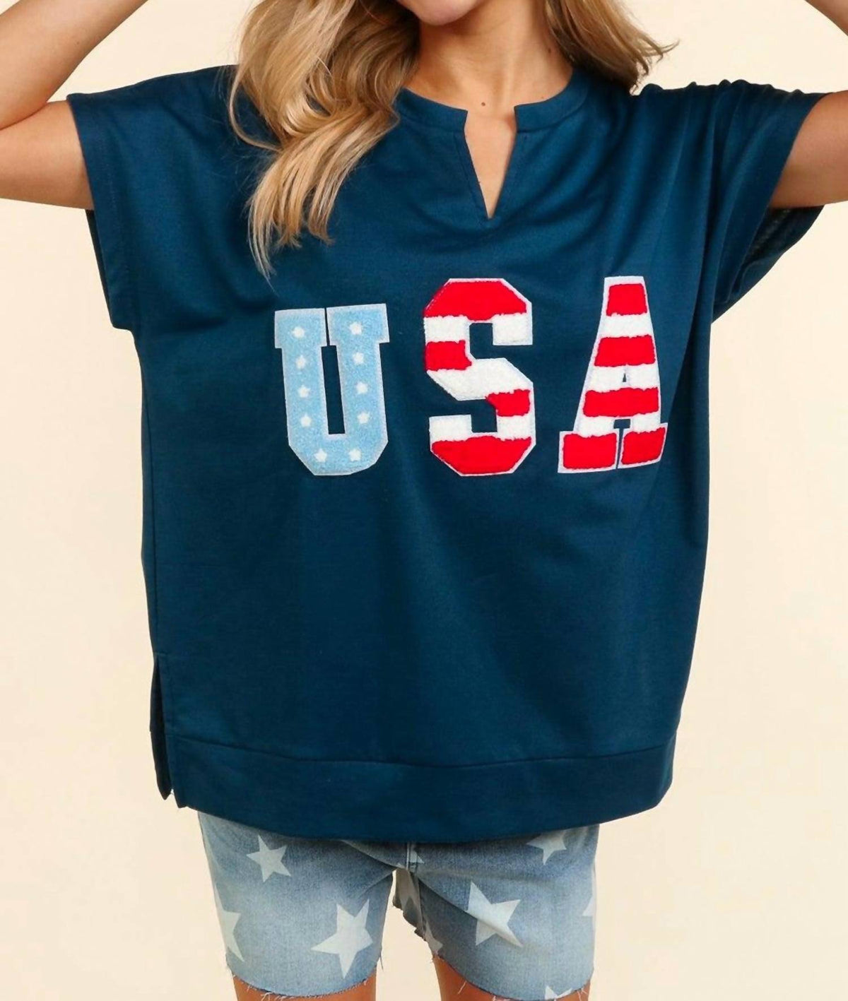 Haptics - Notched Neck Dolman Embossed Star & Stripe Usa Patch Top