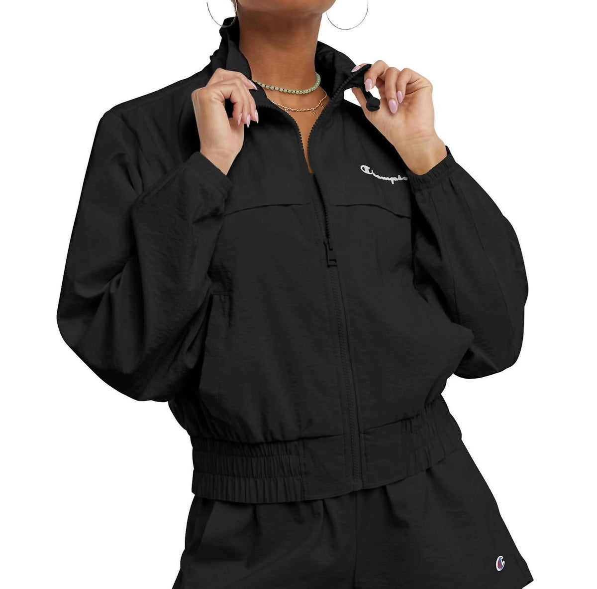 Champion - Women's Mock Neck Zip Up Windbreaker Script Logo