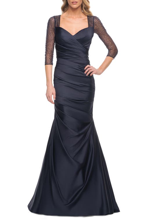 La Femme Satin Pleat Mermaid Gown in Navy, Size 6