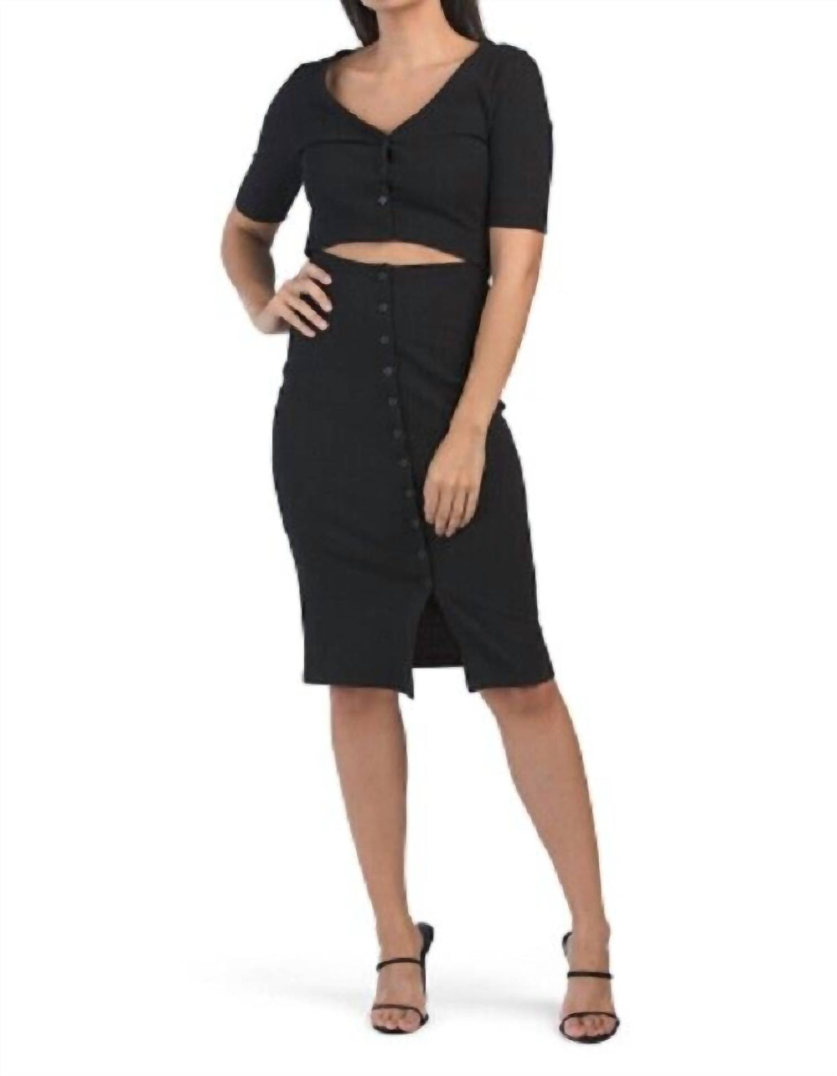 7 For All Mankind - Bodycon Ribbed Cutout Short Sleeve Button Down Dress