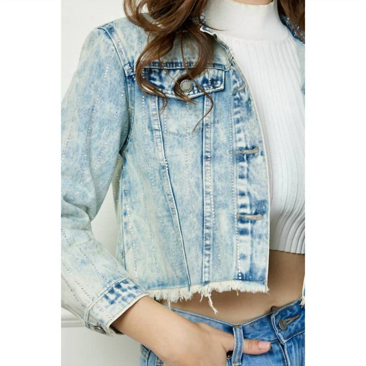Veveret - Stripe Rhinestone Distressed Denim Jacket