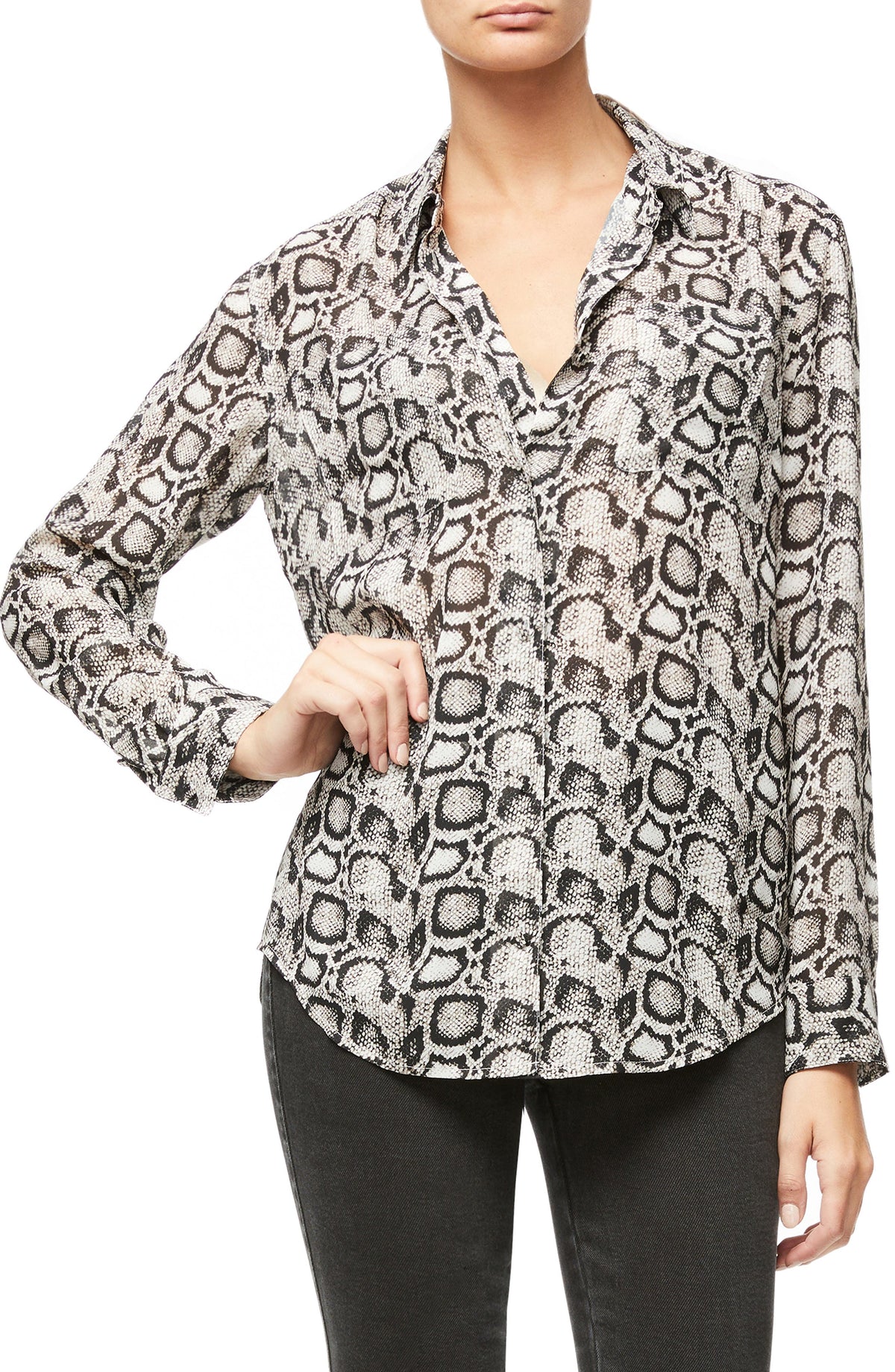 Women's Good American The Long Sleeve Sheer Snake Print Blouse, Size 1 - Beige