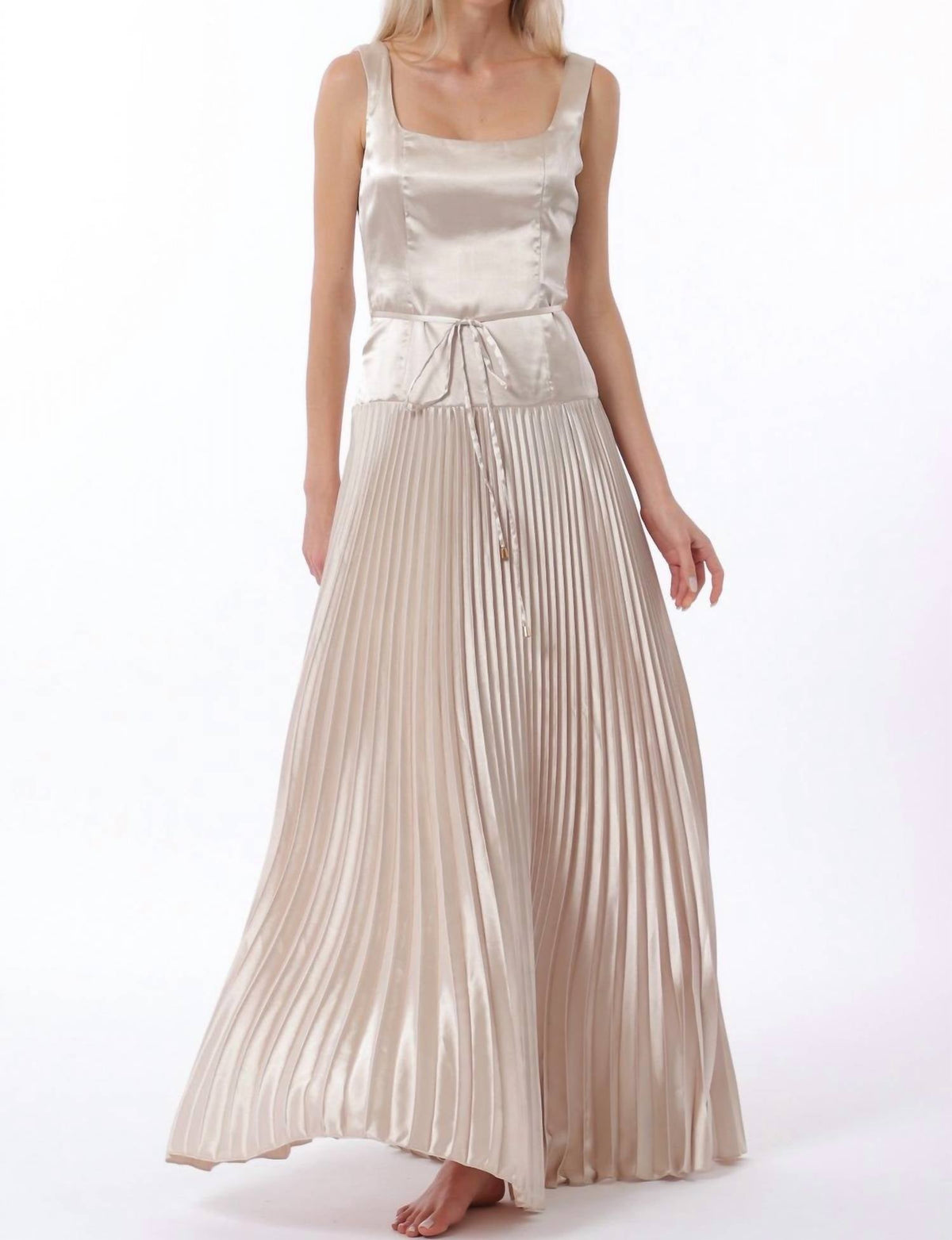 Aakaa - Sleeveless Tie Front Waisted Pleat Maxi Dress