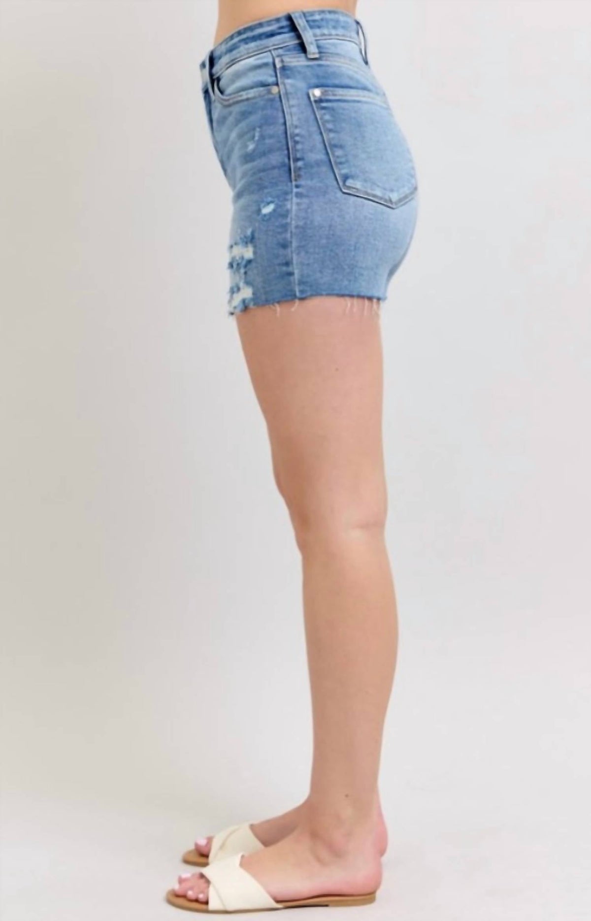 Judy Blue - High Waist Denim Shorts With Stitch Over Destroy Detail
