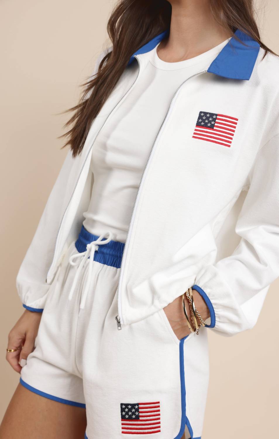 Sadie & Sage - Flag Embroidery Zip Up Collar Jacket