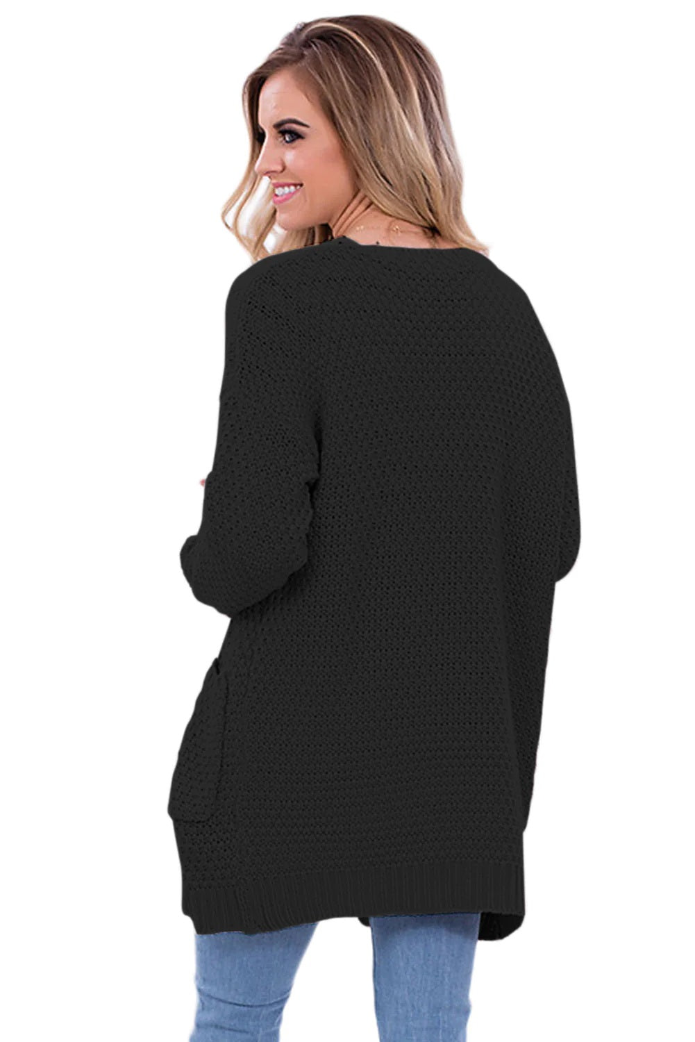 Frankie & Pop Women's Long Sleeve Open Knit Lightweight Front Pocket Cardigan Black Size Medium