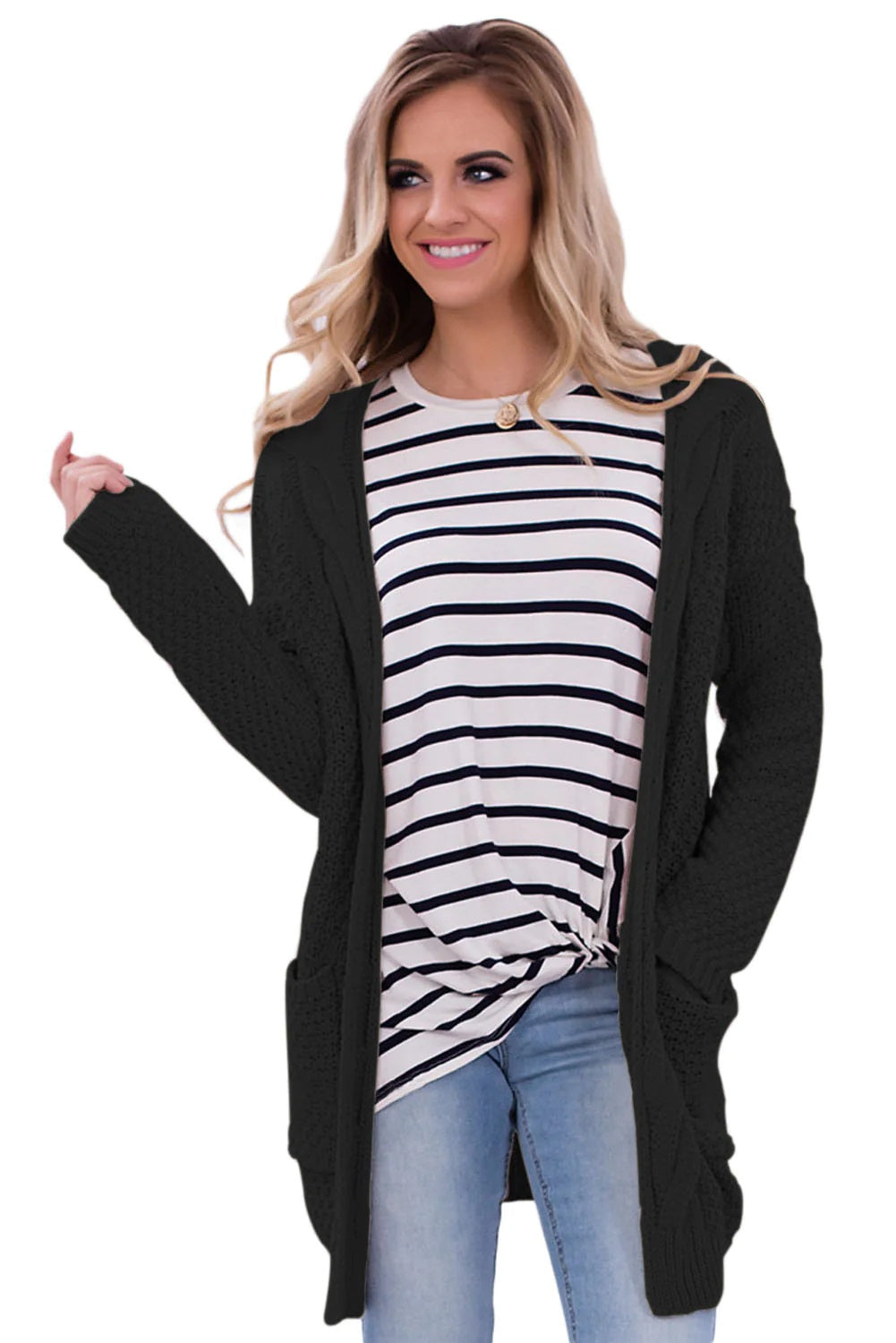 Frankie & Pop Women's Long Sleeve Open Knit Lightweight Front Pocket Cardigan Black Size Medium