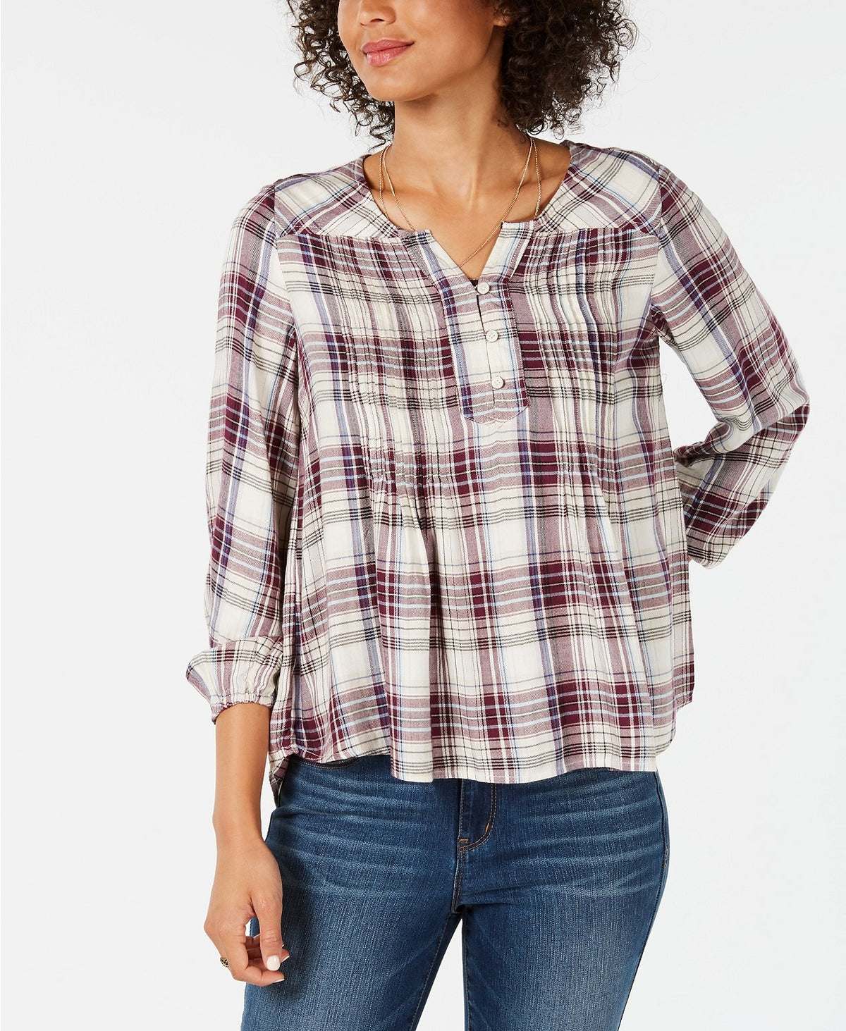 Style & Co Women's Petite Plaid Pleated Top Red Size Large