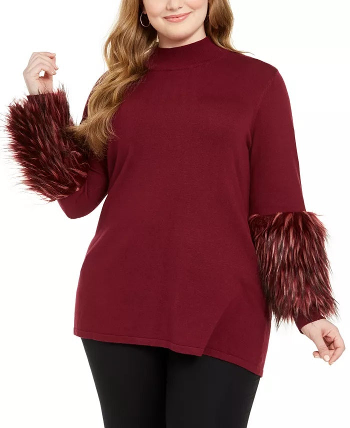 Alfani Women's Plus Size Faux-Fur-Cuff Mock-Neck Tunic Sweater Wine Size 2X