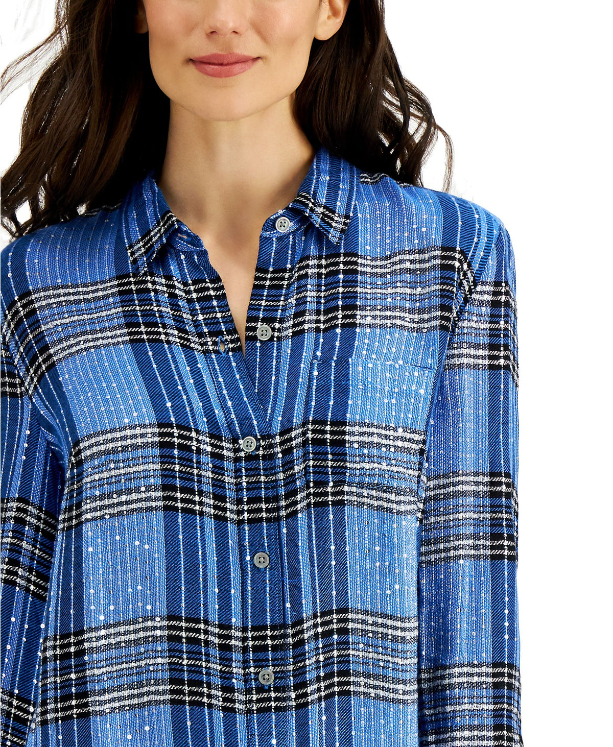 Style & Co Women's Sparkle Plaid Shirt Blue Size Small