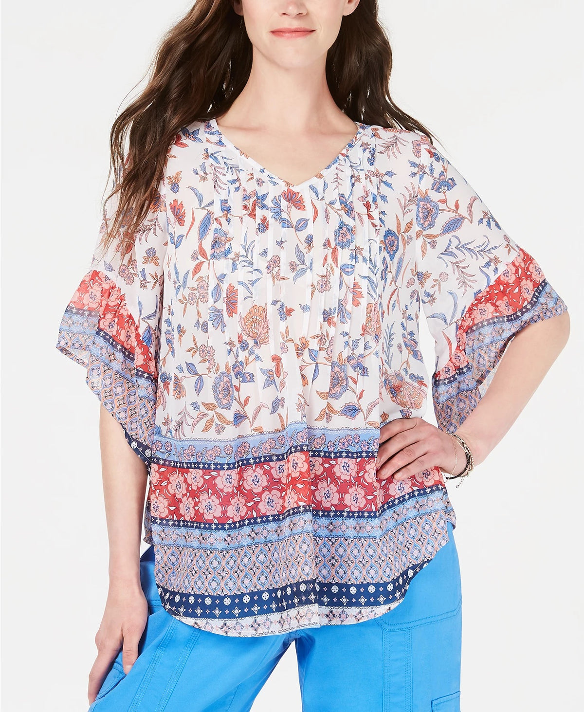 Style & Co Women's Retro Scarf Print Pintuck Pleat Top Navy Size Large