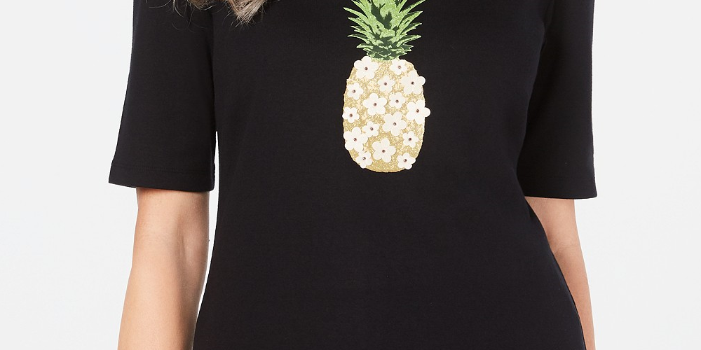 Karen Scott Women's Cotton Pineapple Graphic-Print T-Shirt Black Size 2X-Large