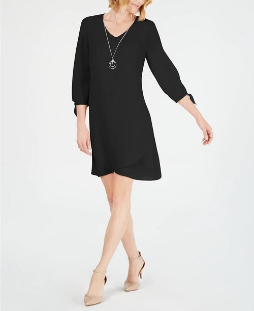 JM Collection Women's Petite Tie-Sleeve Necklace Dress Black Size Small