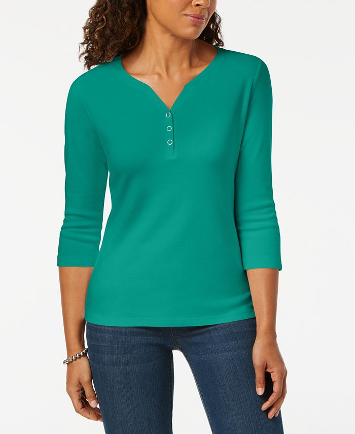 Karen Scott Women's Cotton Henley Top Green Size Small