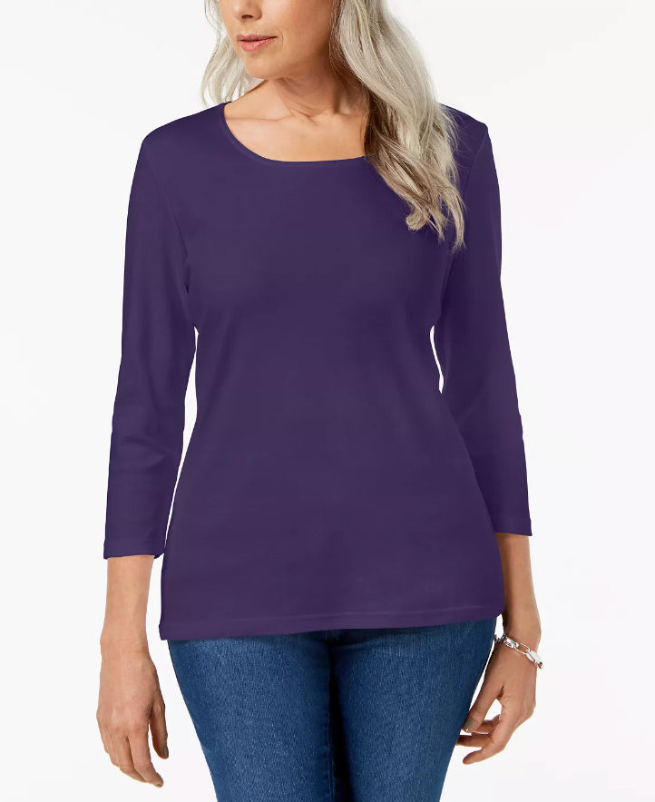 Karen Scott Women's Petite Cotton Scoop-Neck Top Purple Size Petite Medium