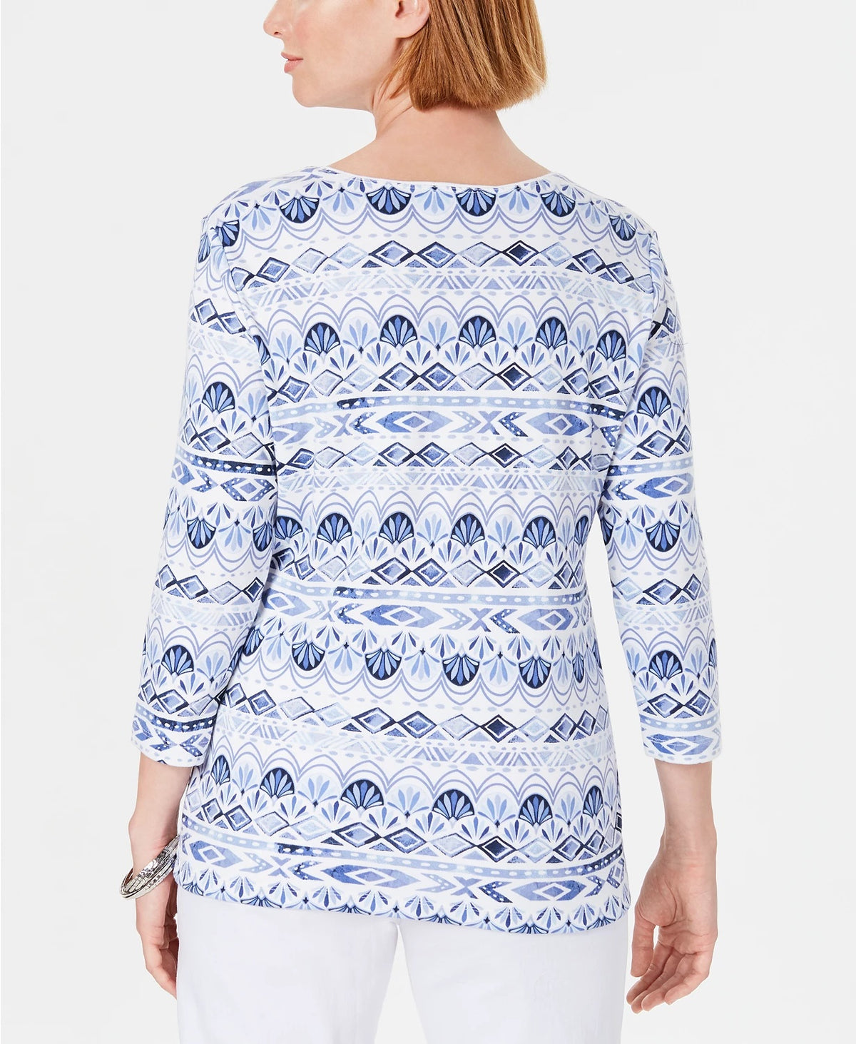 Karen Scott Women's Petite Ikat Printed Top Blue Size Small